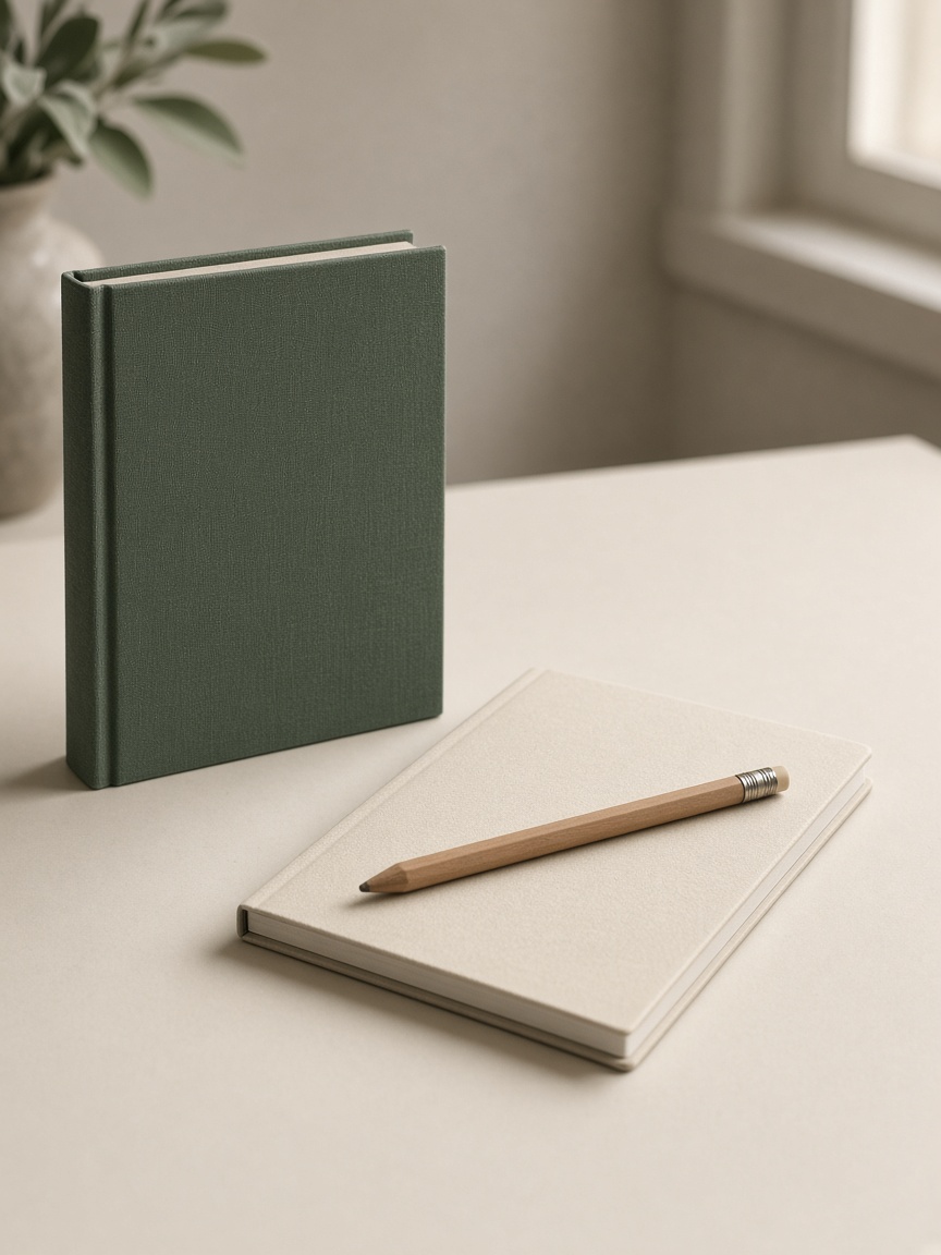 Zielona książka, notes i ołówek
